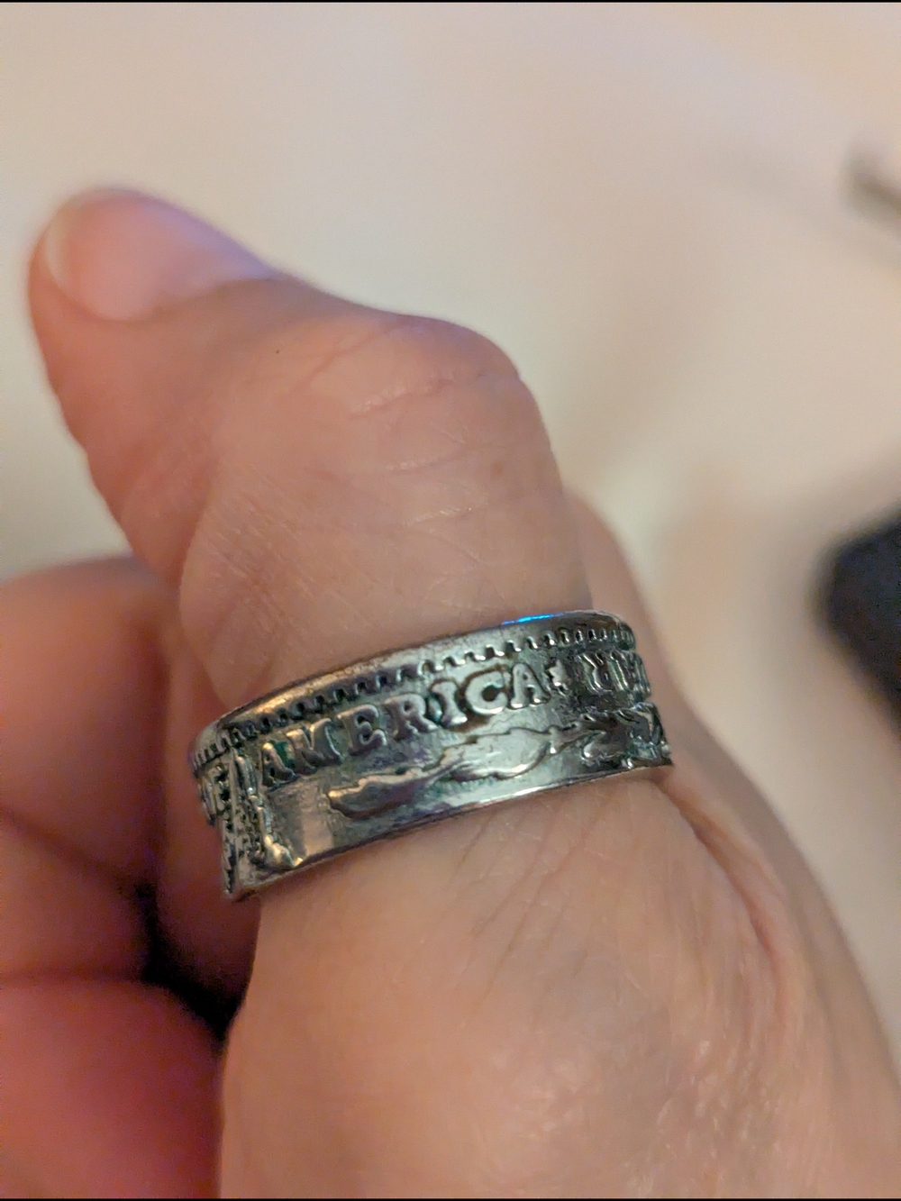 Vintage-Inspired Silver Coin Ring with Raised Lettering